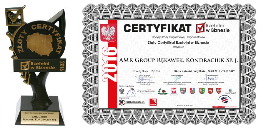 Złoty certyfikat "Rzetelni w Biznesie" AMK Group Złoty certyfikat "Rzetelni w Biznesie" AMK Group